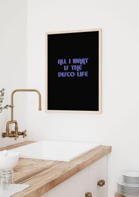 An unframed print of disco life retro retro in typography in black and blue accent colour