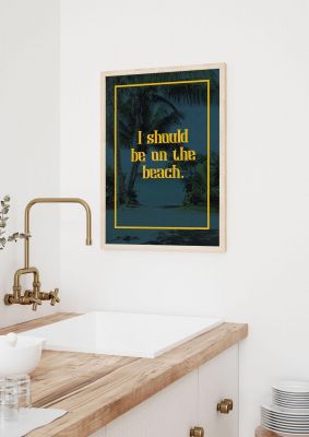 An unframed print of on the beach halftone travel in typography in blue and yellow accent colour
