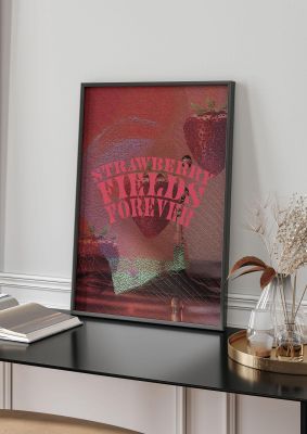 An unframed print of lofi strawberry fields forever beatles lyric music in typography in red and green accent colour