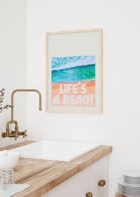 An unframed print of lifes a beach travel in typography in aquamarine and beige accent colour