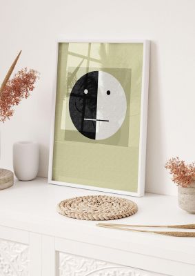 An unframed print of abstract bauhaus style smiley face graphical in green and black and white accent colour
