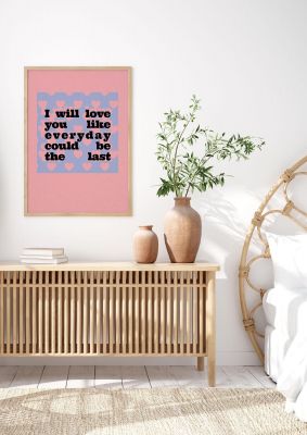 An unframed print of love heart in typography in pink and black accent colour