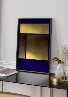 An unframed print of gold grid panel deep blue graphical geometric in yellow and black accent colour