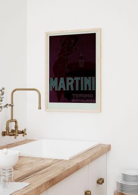 An unframed print of vintage dark martini cocktail graphical illustration in brown and blue accent colour
