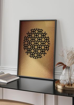 An unframed print of moroccan sun disk green gold pattern graphic in gold and black accent colour