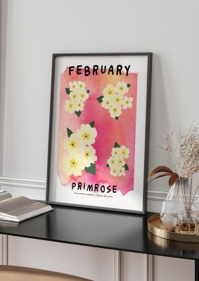 An unframed print of birth month flower series february botanical illustration in orange and yellow accent colour