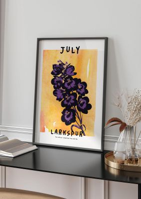 An unframed print of birth month flower series july botanical illustration in orange and purple accent colour