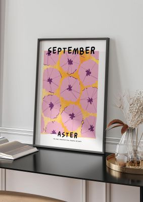 An unframed print of birth month flower series september botanical illustration in pink and yellow accent colour