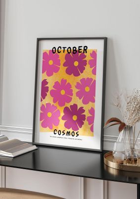 An unframed print of birth month flower series october botanical illustration in pink and yellow accent colour