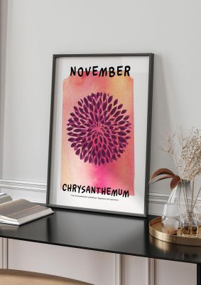 An unframed print of birth month flower series november botanical illustration in pink and black accent colour