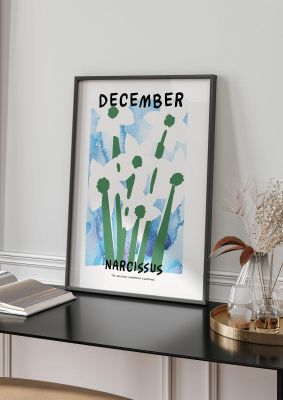 An unframed print of birth month flower series december botanical illustration in blue and green accent colour