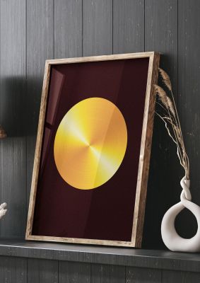 An unframed print of gold deep red abstract disc graphical in gold and black accent colour