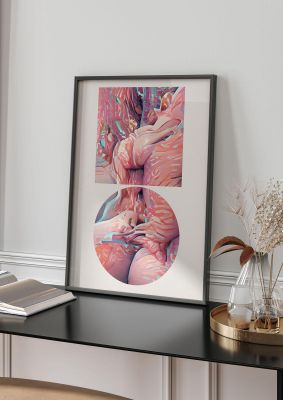 An unframed print of futuristic abstract shape three graphical in pink and multicolour accent colour