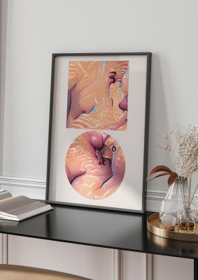 An unframed print of futuristic abstract shape four graphical in pink and multicolour accent colour