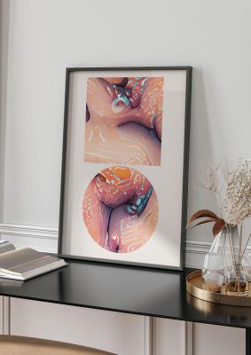 An unframed print of futuristic abstract shape five graphical in pink and multicolour accent colour
