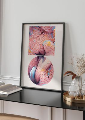 An unframed print of futuristic abstract shape six graphical in pink and multicolour accent colour