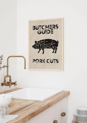 An unframed print of retro kitchen butchers guide pork cuts vintage retro graphic in beige and black accent colour