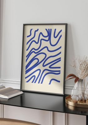 An unframed print of abstract blue shaggy line graphical in beige and blue accent colour