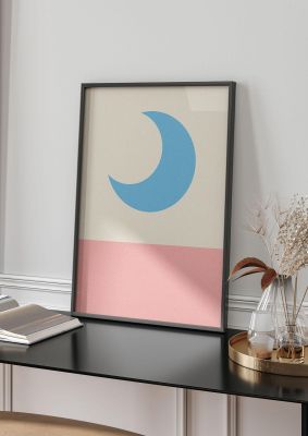 An unframed print of pastel abstract moon landscape graphical in beige and blue accent colour