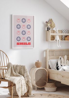 An unframed print of smile flower acid house smiley graphical illustration in lilac and red accent colour