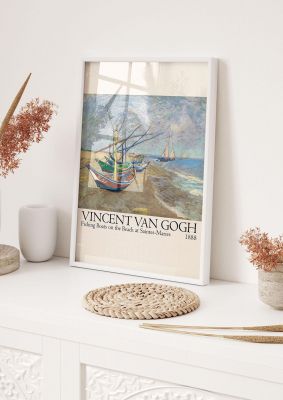 An unframed print of vincent van gogh fishing boats on the beach at saintes maries a famous paintings illustration in multicolour and beige accent colour