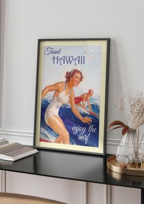 An unframed print of hawaii travel illustration in blue and white accent colour