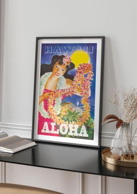 An unframed print of hawaii 2 travel illustration in multicolour and white accent colour