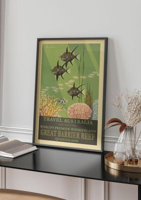 An unframed print of great barrier reef australia travel illustration in green and beige accent colour
