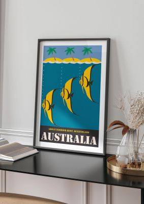 An unframed print of great barrier reef australia 2 travel illustration in blue and yellow accent colour
