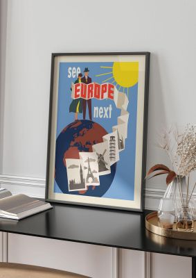 An unframed print of europe travel illustration in multicolour and beige accent colour