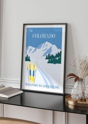 An unframed print of colorado travel illustration in blue and white accent colour