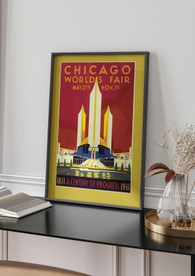 An unframed print of chicago travel illustration in red and gold accent colour