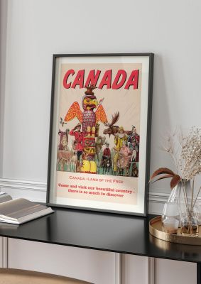 An unframed print of canada travel illustration in beige and red accent colour