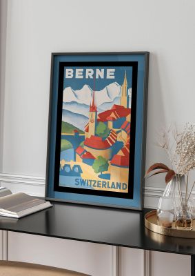 An unframed print of berne switzerland travel illustration in multicolour and blue accent colour