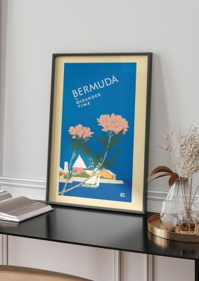 An unframed print of bermuda travel illustration in blue and beige accent colour