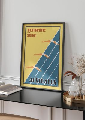 An unframed print of australia travel illustration in yellow and blue accent colour