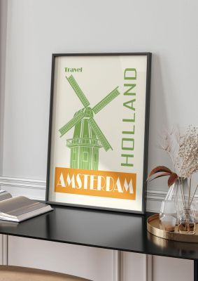 An unframed print of amsterdam holland travel illustration in green and orange accent colour
