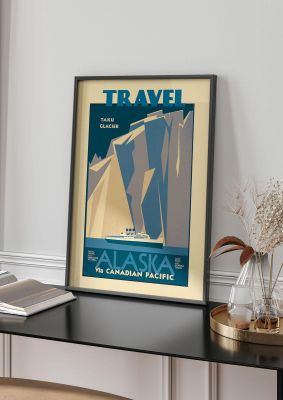 An unframed print of alaska travel illustration in blue and beige accent colour