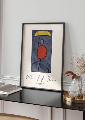 An unframed print of paul klee with umbrella 1939 a famous paintings illustration in grey and red accent colour