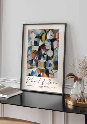 An unframed print of paul klee composition with the yellow half moon and the y 1918 a famous paintings illustration in multicolour and beige accent colour