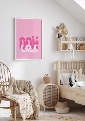 An unframed print of ooh la la funny slogans in typography in pink and white accent colour