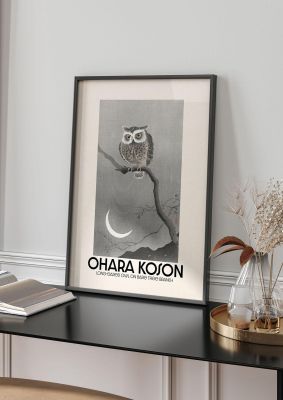 An unframed print of ohara koson long eared owl on bare tree branch a famous paintings illustration in grey and beige accent colour