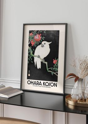 An unframed print of ohara koson cockatoo pomegranate a famous paintings illustration in black and green accent colour