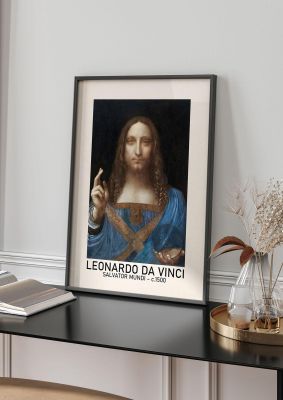 An unframed print of leonardo da vinci salvator mundi 1500 a famous paintings illustration in multicolour and beige accent colour