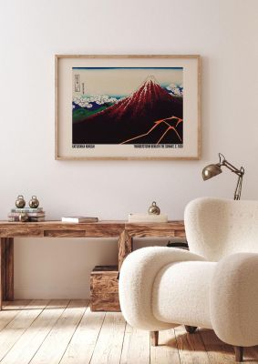 An unframed print of katsushika hokusai thunderstorm beneath the summit c1830 a famous paintings illustration in pink and beige accent colour