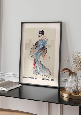 An unframed print of katsushika hokusai japanese woman in kimono a famous paintings illustration in turquoise and beige accent colour
