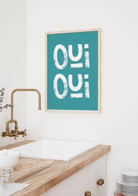 An unframed print of green oui oui graphical geometric in blue and white accent colour