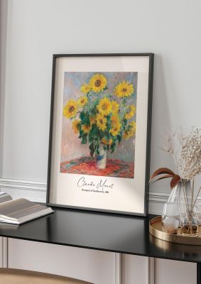 An unframed print of claude monet bouquet of sunflowers 1881 a famous paintings illustration in yellow and beige accent colour
