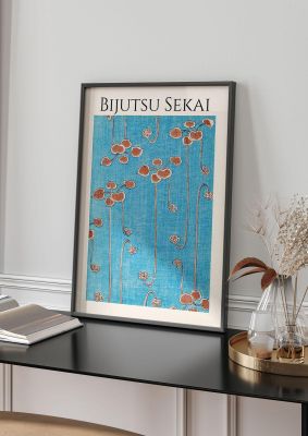 An unframed print of bijutsu sekai vine illustration in blue and orange accent colour