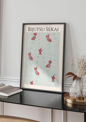 An unframed print of bijutsu sekai seamless gold fish illustration in grey and red accent colour